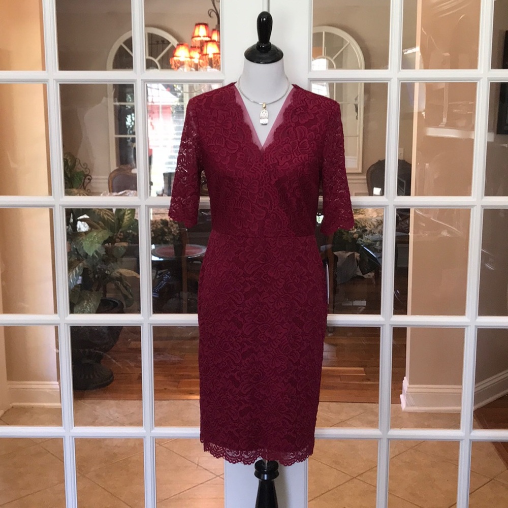 Ivanka Trump Size 8- Red Lace Dress w Sheer Sleeves - Picture 2 of 8